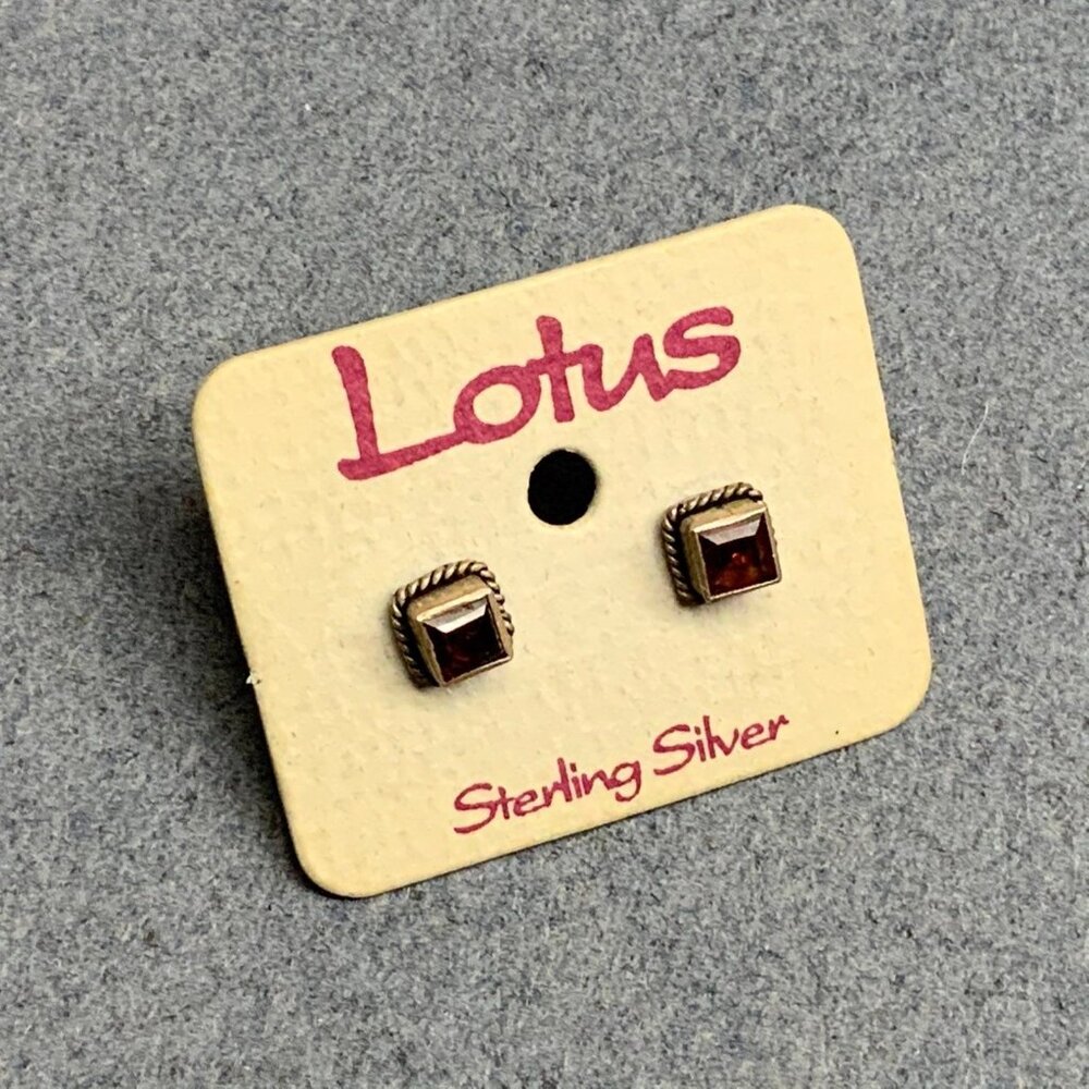 Lotus Stud Pierced Earrings Gold Sterling Silver Red Rhinestone Square Rope BoHo